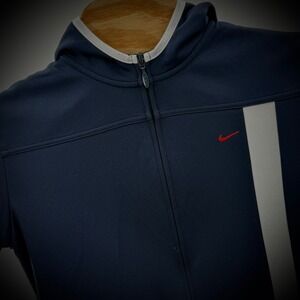 Nike Full Zip Jacket Athletic Track Warm Up White Stripe Navy Blue L (12-14)
